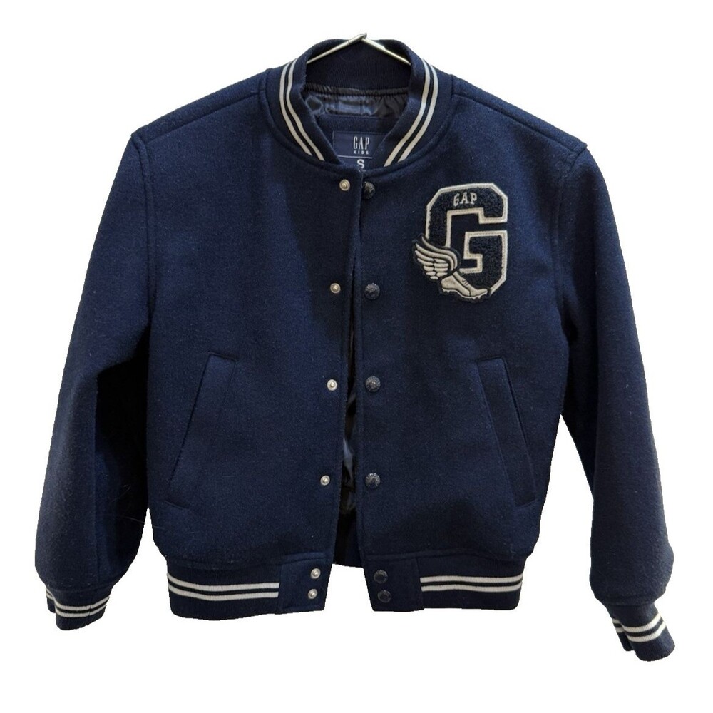 Gap Kids Varsity Bomber Letter Jacket Navy Blue Sleeves Sz Small Lined Athletic